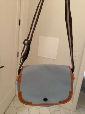 Longchamp Light Blue Satchel with Brown Trim and Striped Strap